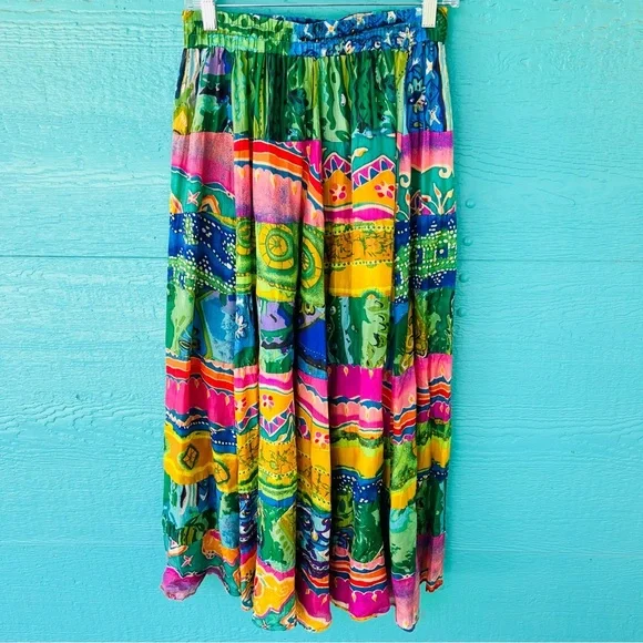 100% SILK PATCHWORK TIERED MAXI SKIRT ELASTIC WAISTBAND SIZE MEDIUM - Picture 2 of 8